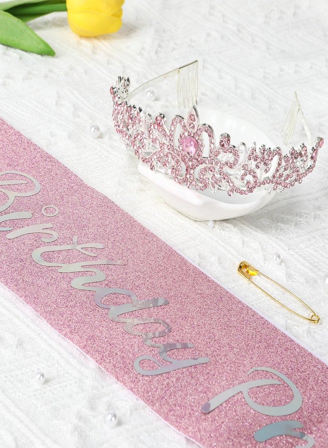 UlZDVUli Birthday Princess Crown, Birthday Princess Headband Tiara Sash Accessories Set for Women, Pink Crown Sash Decorations Party Favors - Image 2